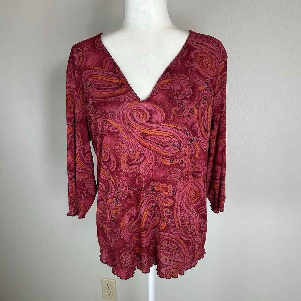 Y2K XL Lettuce Hem Top Blouse Paisley Pink V-neck Mesh Dopamine Dressing Hippie